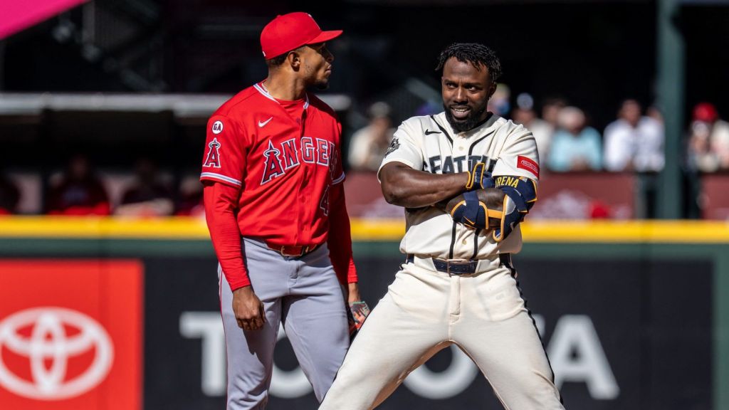 Sep 27, 2026; Seattle, Washington, USA; Seattle Mariners left fielder Randy Arozarena (56) celebrates at second base after hitting a two-run double during the sixth inning against the Los Angeles Angels at T-Mobile Park.