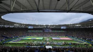 Sep 27, 2026; Rio De Janeiro, BRA; A general overall view of Brazil and United States flags on the field during the playing of the national anthem before the 2026 NFL Rio Game between the Dallas Cowboys and the Baltimore Ravens at Maracana Stadium.