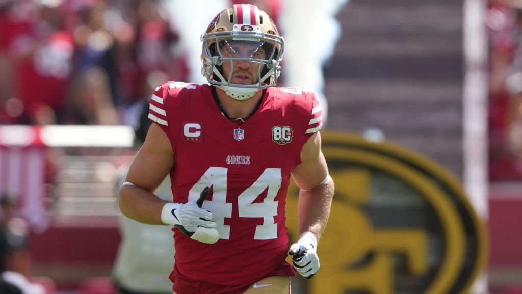 Sep 27, 2026; Santa Clara, California, USA; San Francisco 49ers fullback Kyle Juszczyk (44) before the game against the Arizona Cardinals at Levi's Stadium. Mandatory Credit: Darren Yamashita-Imagn Images