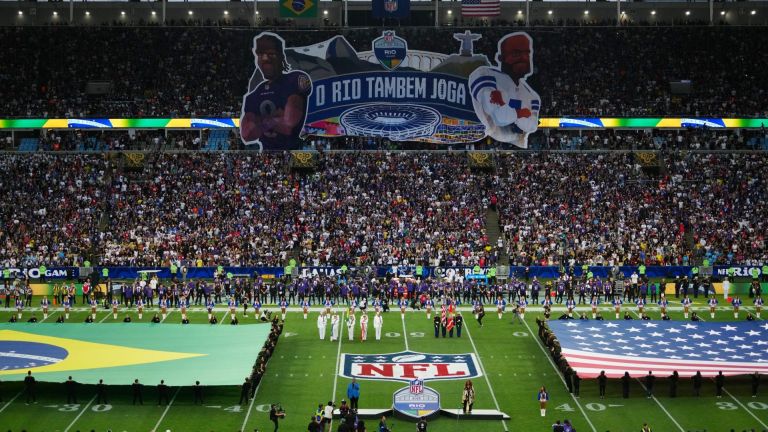Sep 27, 2026; Rio De Janeiro, BRA; A tifo featuring images of