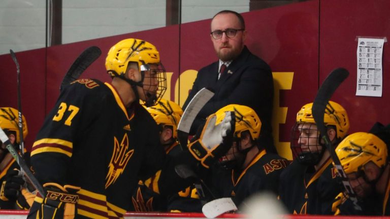 Arizona State hockey head coach Greg Powers watches his team as they play UMass-Lowell at Oceanside Ice Arena on Jan. 12, 2018, in Tempe.
