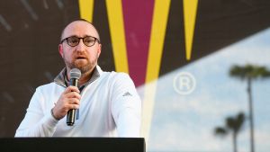 Arizona State hockey head coach Greg Powers speaks during a ribbon cutting ceremony at Mullett Arena in Tempe on Oct. 14, 2022.