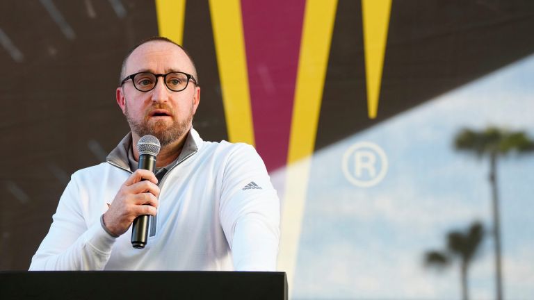 Arizona State hockey head coach Greg Powers speaks during a ribbon cutting ceremony at Mullett Arena in Tempe on Oct. 14, 2022.