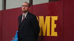 Arizona State hockey head coach Greg Powers watches his team before a game against UMass-Lowell at Oceanside Ice Arena on Jan. 12, 2018,
