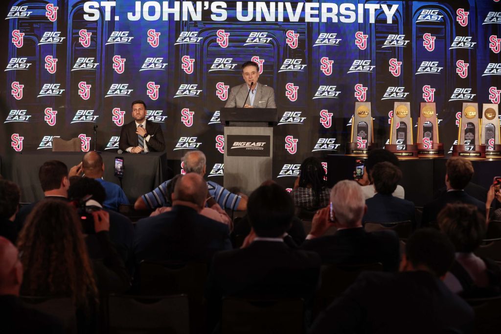 Oct 1, 2026; New York, NY, USA; St. John's Red Storm head coach Rick Pitino speaks at 2026 Big East Media Day at Marriott Marquis.