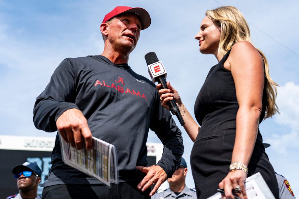 Alabama head coach Kalen DeBoer takes questions from ESPN reporter Katie George after a college football game between Mississippi State and Alabama at Davis Wade Stadium in Starkville, Miss., on Saturday, Oct. 3, 2026. Alabama defeated Mississippi State 56-23.