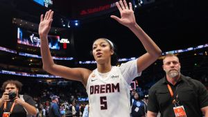 Oct 4, 2026; Atlanta, Georgia, USA; Atlanta Dream forward Angel Reese (5) celebrates after a victory over the New York Liberty in game one of the second round for the 2026 WNBA Playoffs at State Farm Arena. Mandatory Credit: Brett Davis-Imagn Images
