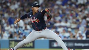 Oct 4, 2026; Los Angeles, California, USA; Atlanta Braves pitcher Didier Fuentes (72) throws during the sixth inning against the Los Angeles Dodgers in game two of the NLDS for the 2026 MLB Playoffs at Uniqlo Field at Dodger Stadium.
