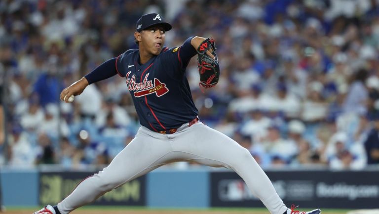 Oct 4, 2026; Los Angeles, California, USA; Atlanta Braves pitcher Didier Fuentes (72) throws during the sixth inning against the Los Angeles Dodgers in game two of the NLDS for the 2026 MLB Playoffs at Uniqlo Field at Dodger Stadium.