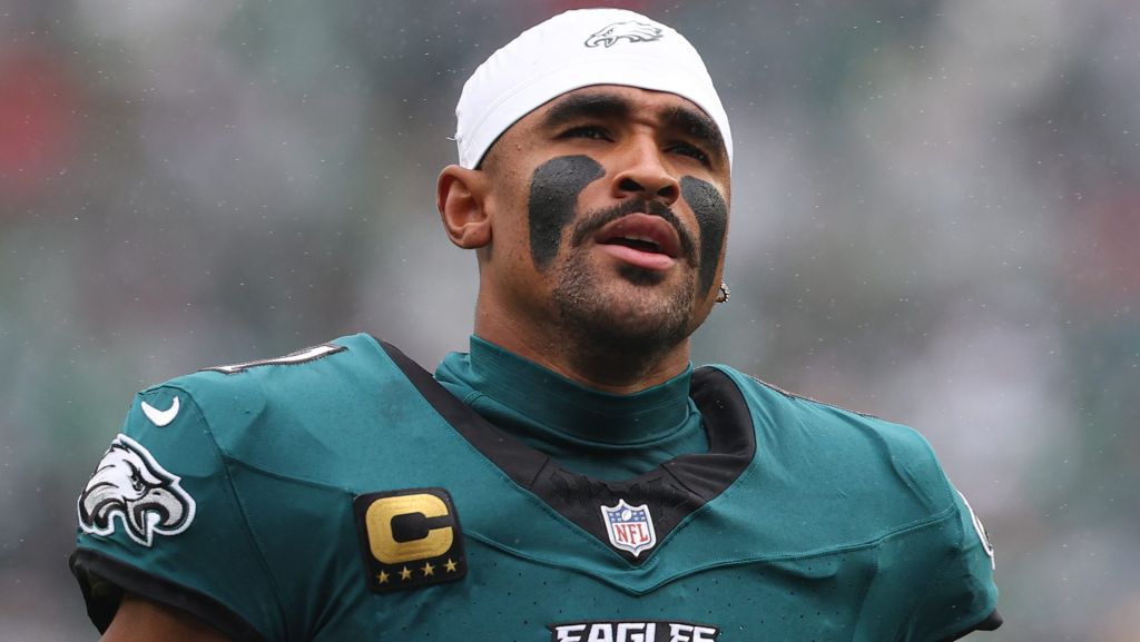 Oct 4, 2026; Philadelphia, Pennsylvania, USA; Philadelphia Eagles quarterback Jalen Hurts (1) before kick off against the Los Angeles Rams at Lincoln Financial Field. Mandatory Credit: Bill Streicher-Imagn Images