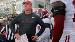 Oct 3, 2026; Starkville, Mississippi, USA; Alabama Crimson Tide head coach Kalen DeBoer waits to run onto the field prior to the game against the Mississippi State Bulldogs at Davis Wade Stadium at Scott Field. Mandatory Credit: Petre Thomas-Imagn Images