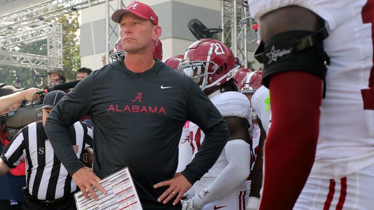 Oct 3, 2026; Starkville, Mississippi, USA; Alabama Crimson Tide head coach Kalen DeBoer waits to run onto the field prior to the game against the Mississippi State Bulldogs at Davis Wade Stadium at Scott Field. Mandatory Credit: Petre Thomas-Imagn Images