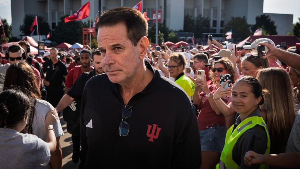 Head Coach Curt Cignetti heads in during The Walk before the Indiana versus North Texas football game at Memorial Stadium on Saturday, Sept. 5, 2026. Brian and Amy were the hosts, middle two in frame.