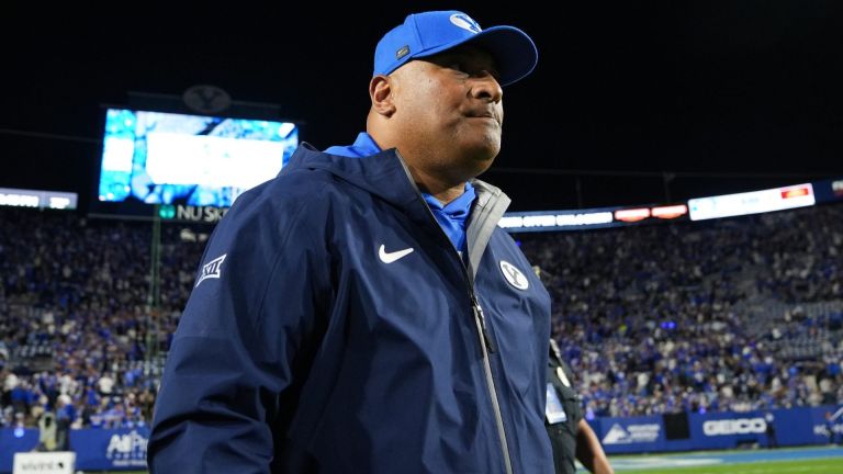 Oct 9, 2026; Provo, Utah, USA; BYU Cougars head coach Kalani Sitake walks off the field after a win over the Iowa State Cyclones at LaVell Edwards Stadium. Mandatory Credit: Aaron Baker-Imagn Images