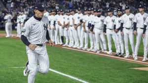 Oct 7, 2026; Bronx, New York, USA; New York Yankees right fielder Aaron Judge (99) against the Tampa Bay Rays in game three of the ALDS for the 2026 MLB Playoffs at Yankee Stadium.
