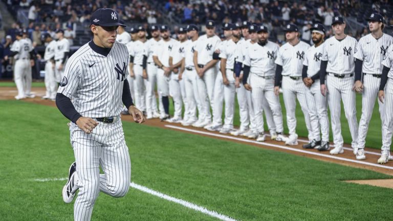 Oct 7, 2026; Bronx, New York, USA; New York Yankees right fielder Aaron Judge (99) against the Tampa Bay Rays in game three of the ALDS for the 2026 MLB Playoffs at Yankee Stadium.
