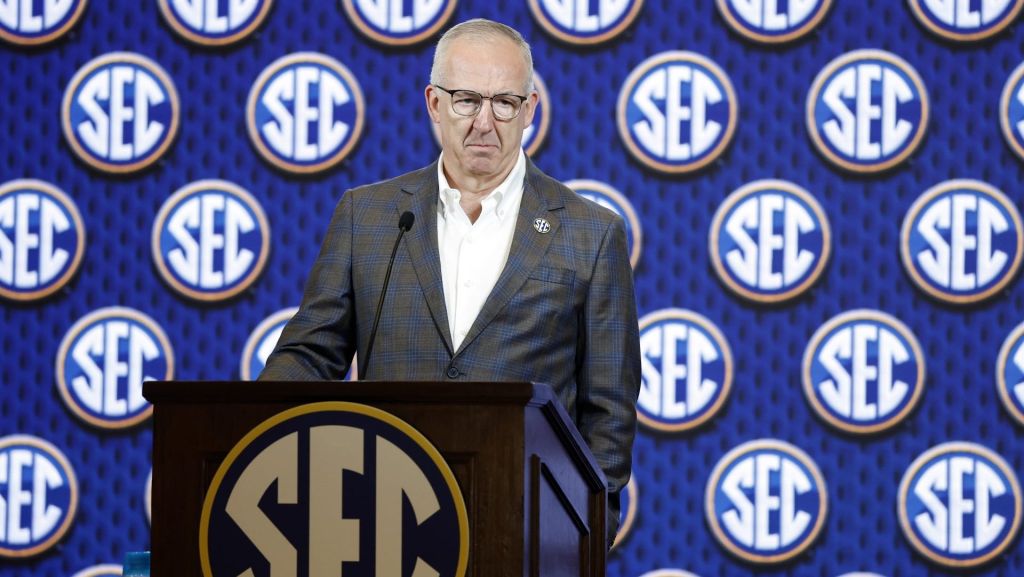 Oct 14, 2026; Birmingham, AL, USA; SEC Commissioner Greg Sankey speaks during the SEC Basketball Tipoff at Grand Bohemian Hotel Mountain Brook.