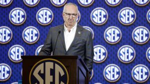 Oct 14, 2026; Birmingham, AL, USA; SEC Commissioner Greg Sankey speaks during the SEC Basketball Tipoff at Grand Bohemian Hotel Mountain Brook.