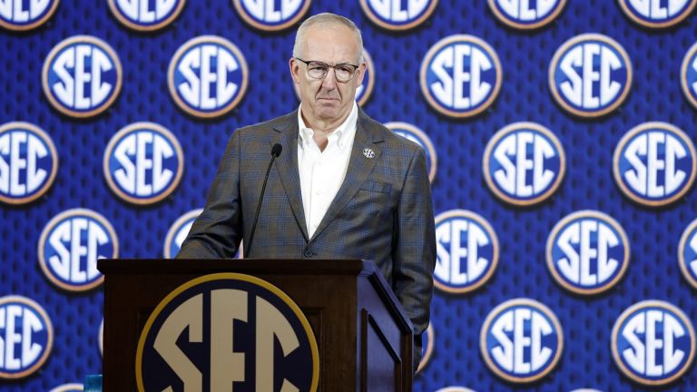 Oct 14, 2026; Birmingham, AL, USA; SEC Commissioner Greg Sankey speaks during the SEC Basketball Tipoff at Grand Bohemian Hotel Mountain Brook.