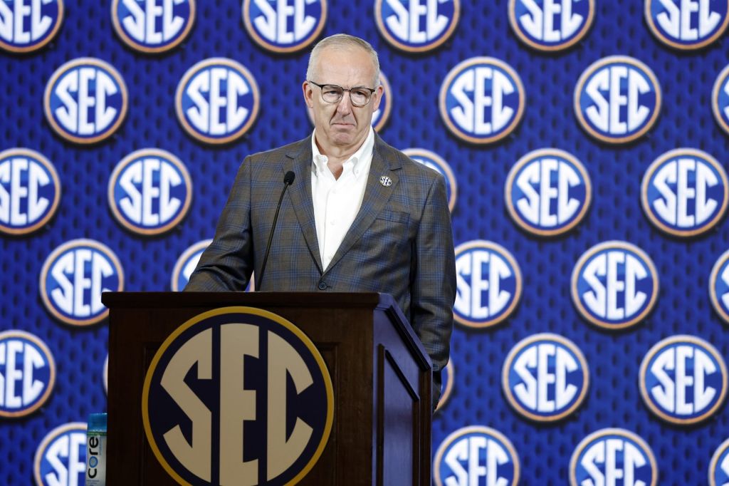 Oct 14, 2026; Birmingham, AL, USA; SEC Commissioner Greg Sankey speaks during the SEC Basketball Tipoff at Grand Bohemian Hotel Mountain Brook.