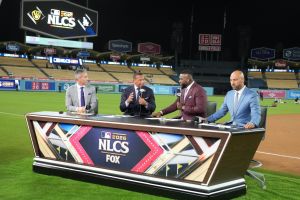 Oct 15, 2026; Los Angeles, California, USA; MLB on Fox broadcasters Kevin Burkhardt, Alex Rodriguez, David Ortiz and Derek Jeter during game four of the NLCS for the 2026 MLB Playoffs at Uniqlo Field at Dodger Stadium.