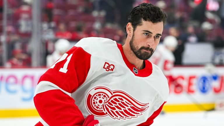 Oct 10, 2026; Montreal, Quebec, CAN; Detroit Red Wings center Dylan Larkin (71) looks on during warm-up before the game against the Montreal Canadiens at Bell Centre. Mandatory Credit: