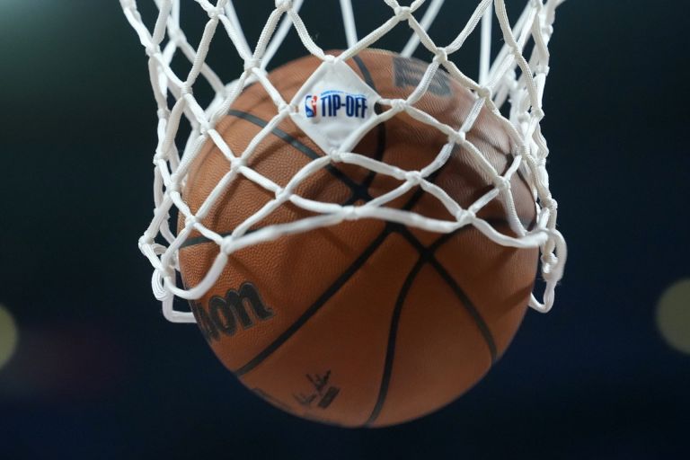 Oct 21, 2026; Los Angeles, California, USA; A net with the NBA season tip-off logo during the game between the Los Angeles Lakers and the Golden State Warriors at Crypto.com Arena. Mandatory Credit: