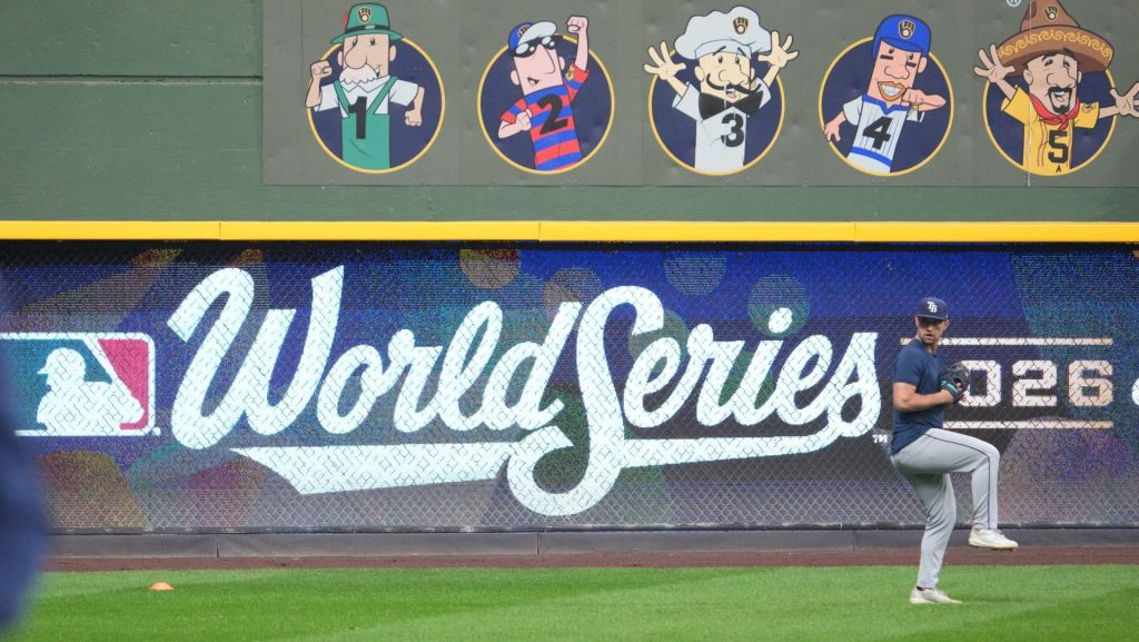 Oct 22, 2026; Milwaukee, WI, USA; The Tampa Bay Rays at American Family Field during a workout session before the 2026 World Series. Mandatory Credit: Michael McLoone-Imagn Images