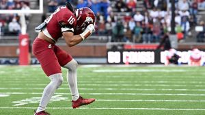 Oct 24, 2026; Pullman, Washington, USA; Washington State Cougars linebacker Isaiah Hung (16) celebrates after a play against the Boise State Broncos during the second half at Gesa Field at Martin Stadium. Boise State Broncos won 31-10.
