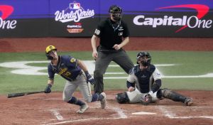 Milwaukee Brewers right fielder Sal Frelick (10) watches his RBI double during the fifth inning of Game 3 of the World Series against the Tampa Bay Rays Monday, Oct. 26, 2026 at Tropicana Field in St. Petersburg, Florida.