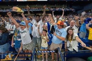 Milwaukee Brewers fans cheer on their team during the ninth inning of Game 3 of the World Series Monday, Oct. 26, 2026 at Tropicana Field in St. Petersburg, Florida. The Brewers beat the Tampa Bay Rays 10-1.